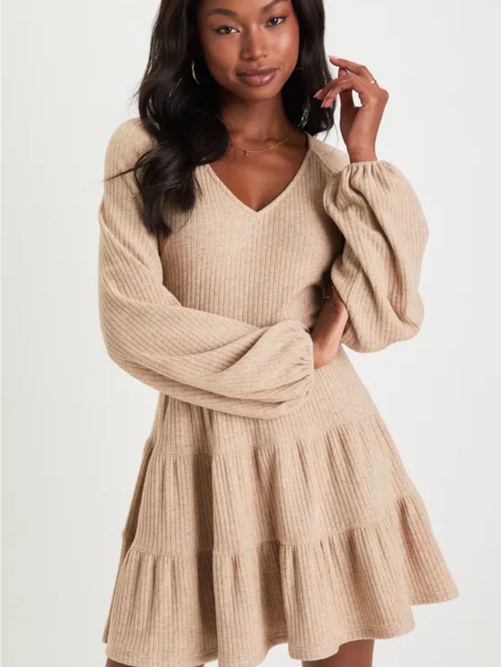 Lulus V-Neck Long Sleeve Tiered Sweater Dress